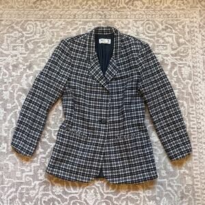 VTG Nipon Studio black white tweed womens button wool blazer SIZE 8